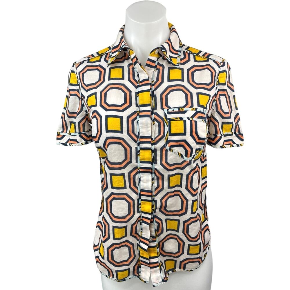 Tory Burch Yellow Multicolor Geometric Short Sleeve Button Down Shirt Top Sz 2